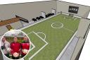 Plans for the indoor football facility with the trio of coaches, Jamie, Ian and Tom pictured