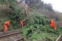 Network Rail engineers attempt to clear fallen trees from the railway line. Picture: Network Rail Wessex