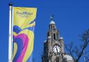 Eurovision Song Contest banner near The Royal Liver Building in Liverpool.
