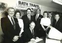 Bath Travel in 1993. Left to right, John Plank, Joan Benham, Andrew Bath, Stephen Bath, Lindsay Trent, Vic Ledwidge, Gareth Duggan and seated Len Levinson...Copyright unknown. Printed Echo 1/3/93.