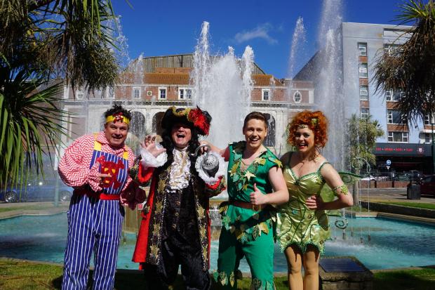 Bournemouth Echo: Shaun Williamson, David Ribi, Holly Atterton and Noel Brodie in Peter Pan at Bournemouth Pavilion