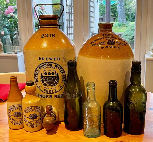 Bournemouth Echo: Some of the old Marston's Dolphin Brewery bottles recovered by Richard Pride. Some of the bottle styles are still used by the brewery.