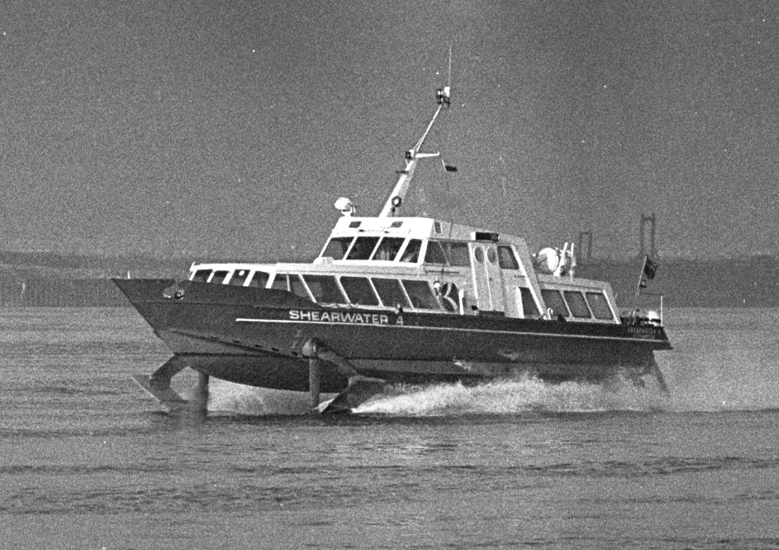 Shearwater 4 - Red Funnell Hydrofoil. February 1985. THE SOUTHERN DAILY ECHO ARCHIVES - HAMPSHIRE HERITAGE - SHIPPING AND NAUTICAL.
