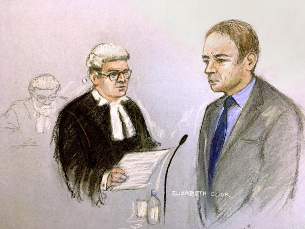 Bournemouth Echo: Court sketch of Thomas Schreiber, right, answering questions from his barrister Joe Stone QC. Picture: Elizabeth Cook/PA