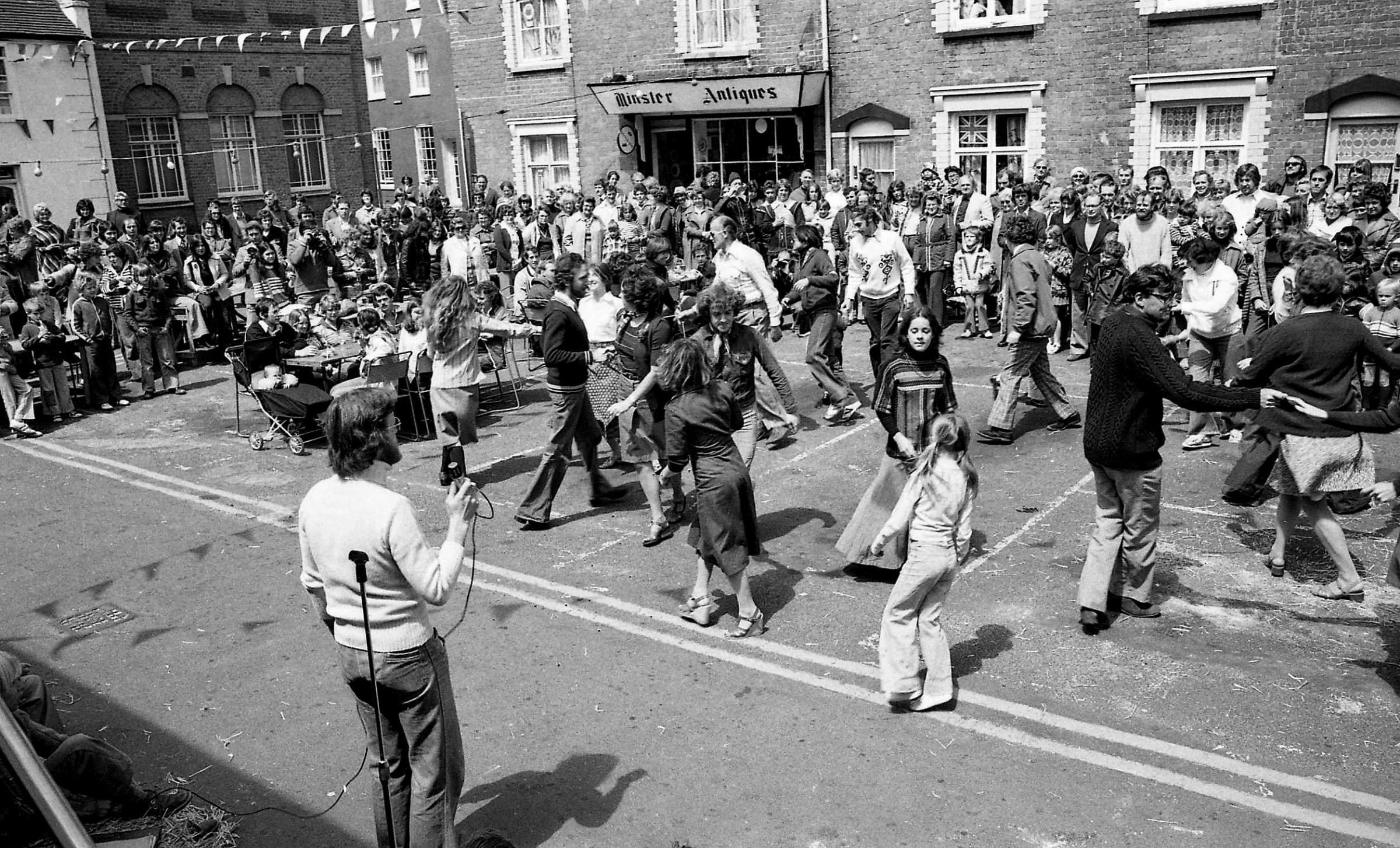 Silver Jubilee Celebrations 1977. Daily Echo Image. Wimborne - dancing near the the Corn exchange.