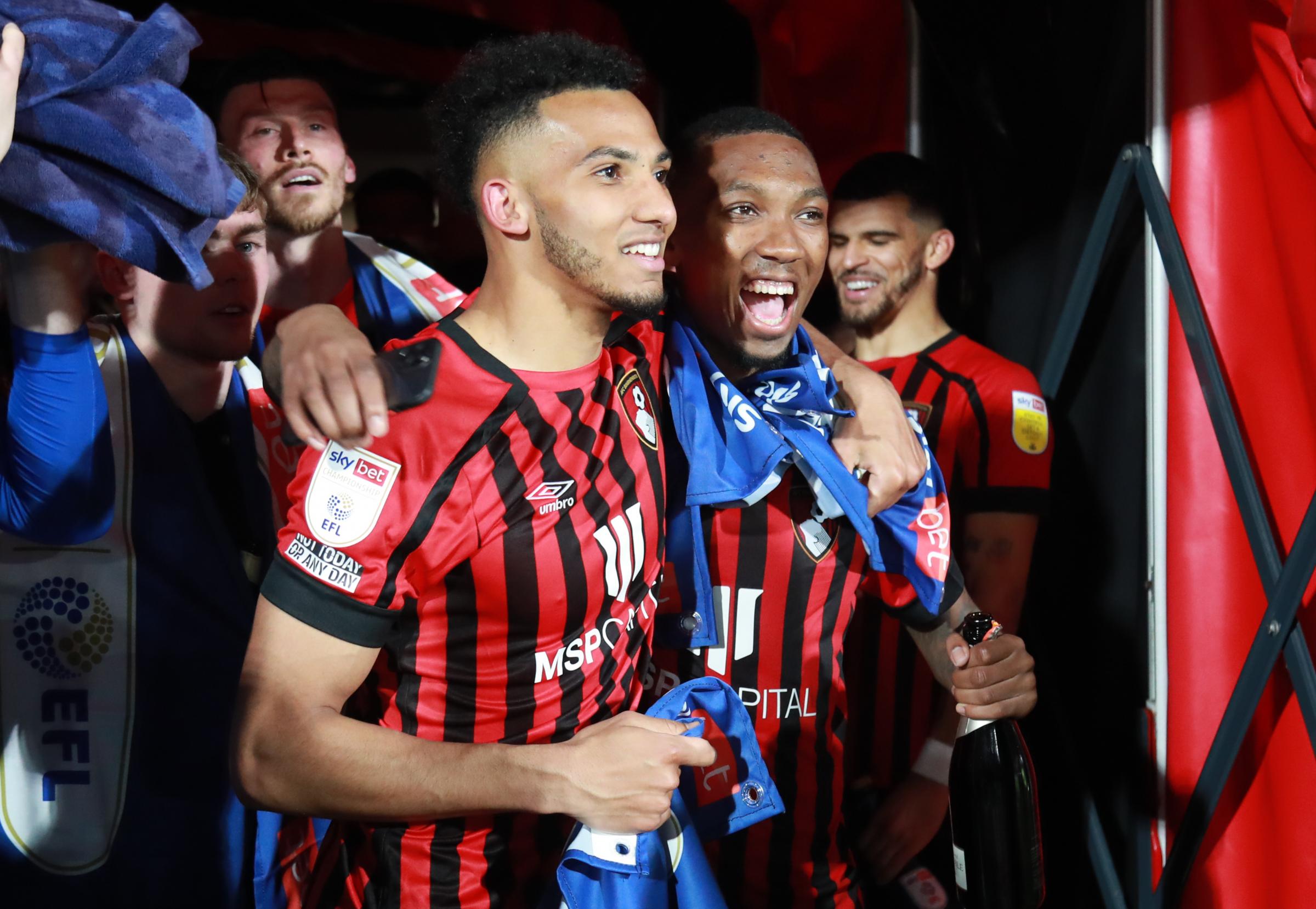 AFC Bournemouth v Nottingham Forest in Championship game at Vitality Stadium. AFC Bournemouth gain automatic promotion back to the Premier League. Mark Travers, Lloyd Kelly and Jaidon Anthony.