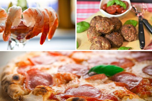 Bournemouth Echo: (Top left clockwise) Prawn cocktail, Meatballs, Pizza. Credit: PA/Canva