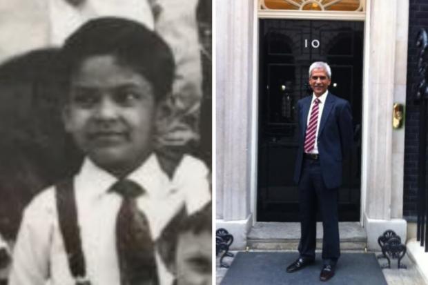 Photos via Dr Mahendra Patel OBE show him as a young boy, left, and outside No 10 as one of the country's top pharmacists and researchers, right.