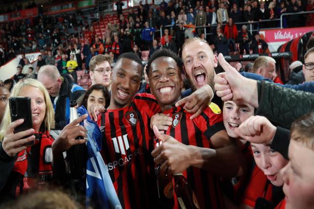 AFC Bournemouth v Nottingham Forest in Championship game at Vitality Stadium.  AFC Bournemouth gain automatic promotion back to the Premier League. Jaidon Anthony and Ethan Laird..