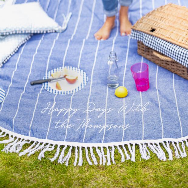 Bournemouth Echo: Personalised Round Blue Picnic Or Beach Blanket. Credit: Not On The High Street