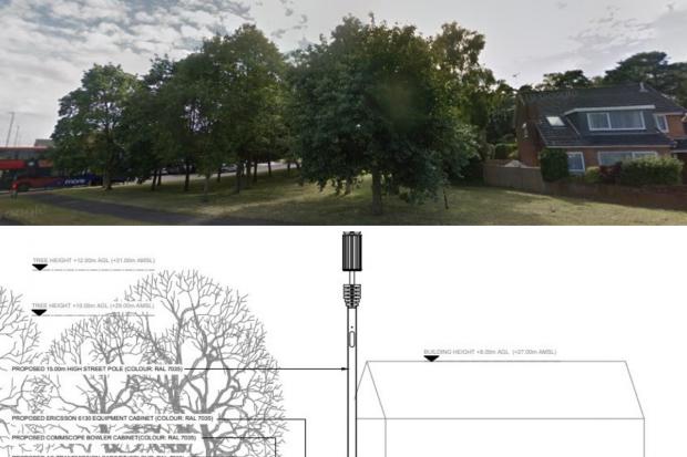 Bournemouth Echo: Refused plans for 5G mast in Tollerford Road green. Top picture: Google, bottom picture: Hutchison 3G UK