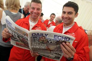 Pic by Corin Messer. Day three of the Bournemouth Air Festival and bad weather seriously affects the program of events. Red Arrows pilots Graeme Bagnall and David Montenegro catch up with the latest festival news in the Daily Echo. 