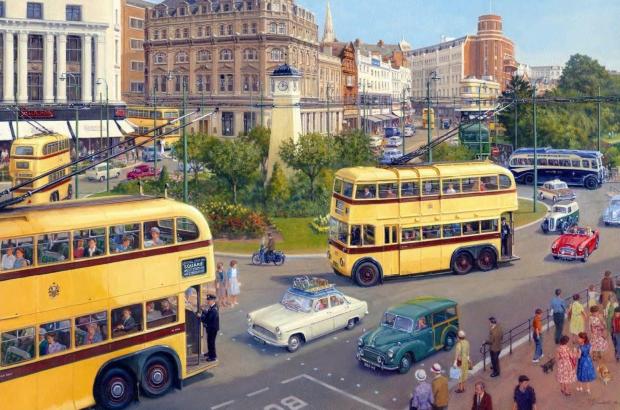 Bournemouth Echo: Email from sales@rothburypublishing.com Received 26.7.10. Trolleybuses in Bournemouth Square painting.