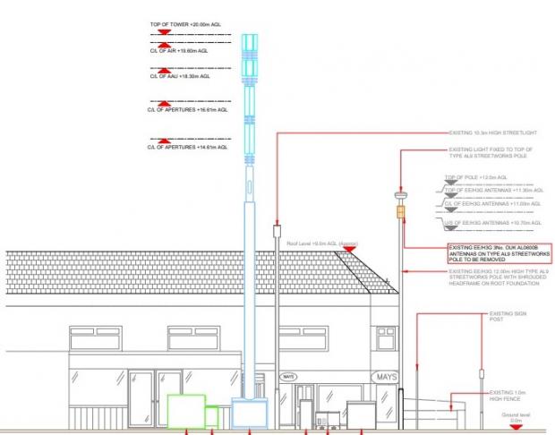 Bournemouth Echo: Proposed 5G mast upgrade to Sandbanks Road, Poole. Picture: Three UK/EE Ltd