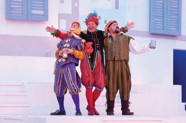 Bournemouth Echo: Sir Andrew Aguecheek (Stuart Glossop), Feste, the Fool (Scott Free) and Sir Toby Belch (Nick Robinson). Picture: Tony Short