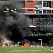 Andorra's Estadi Nacional burst into flames during a TV report (Pic: PA)