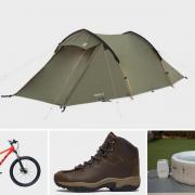 (top) Jackall II tent (Blacks), (left) Calibre Lead Mountain bike (Go Outdoors) (middle) Kids’ Snowdon II Walking Boots (Millets) Lay-Z-spa Madrid Hot Tub ( Go Outdoors)