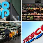 PA photos show the Co-op, top left, Asda shelves, top right and Sainsbury's shoppers, bottom left, and the Tesco sign, bottom right.