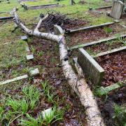 Fallen tree branches on graves at Branksome Cemetery in Poole