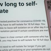 A positive lateral flow test cassette placed next to advice from the NHS website