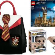 (Left) Danielle Nicole Harry Potter Gryffindor Mini Backpack. Credit: VeryNeko. (Top right) LEGO Harry Potter Hogwarts Castle Set. Credit: Zavvi. (Bottom Right) Harry Potter Dobby Funko Pop! Vinyl. Credit: PopInABox.