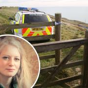 A police cordon on the coast near Swanage following the disappearance of Gaia Pope, pictured inset.