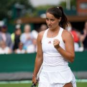 Jodie Burrage celebrates against Lauren Davis on day one of Wimbledon at The All England Lawn Tennis and Croquet Club, Wimbledon. Picture date: Monday June 28, 2021..