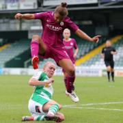 Manchester City's Nikita Parris jumps to avoid a tackle with Yeovil's Helen Bleazard during the FA Women's Super League at Huish Park, Yeovil. PRESS ASSOCIATION Photo. Picture date: Sunday September 24, 2017. See PA story SOCCER Yeovil