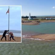 The new 'isle' located near Hurst Castle in The Solent and, inset, Chris Fox and Nick Ryley