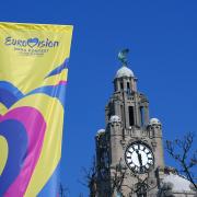 Eurovision Song Contest banner near The Royal Liver Building in Liverpool.