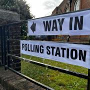Polling station sign outside Charminster Library.