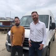 Councillors Alasdair Keddie and Chris Rigby took a van of welcome packages to the Bibby Stockholm barge.