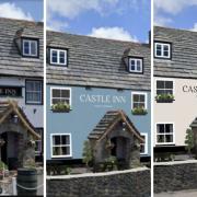 Castle Inn, Corfe Castle. From left, as it is now, how it would look in blue, and white
