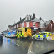 Ambulances and police cars seen on Ashley Road, Poole.