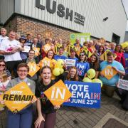 MEP Catherine Bearder visits Lush factory with the Lib Dem remain campaign battle bus