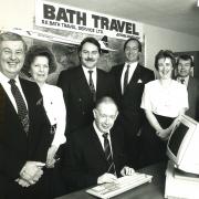 Bath Travel in 1993. Left to right, John Plank, Joan Benham, Andrew Bath, Stephen Bath, Lindsay Trent, Vic Ledwidge, Gareth Duggan and seated Len Levinson...Copyright unknown. Printed Echo 1/3/93.