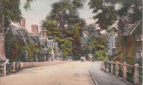 Old hand painted postcard of Canford Village,Wimborne submitted by G Gulliver. Possible date of postmark is 1903.