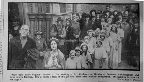 Another photo from the wedding of Professor Newslandsmith at St Stephen's Church in 1940, showing the 14 bridesmaids