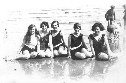 Peggy McGill and friends on the beach in 1932.