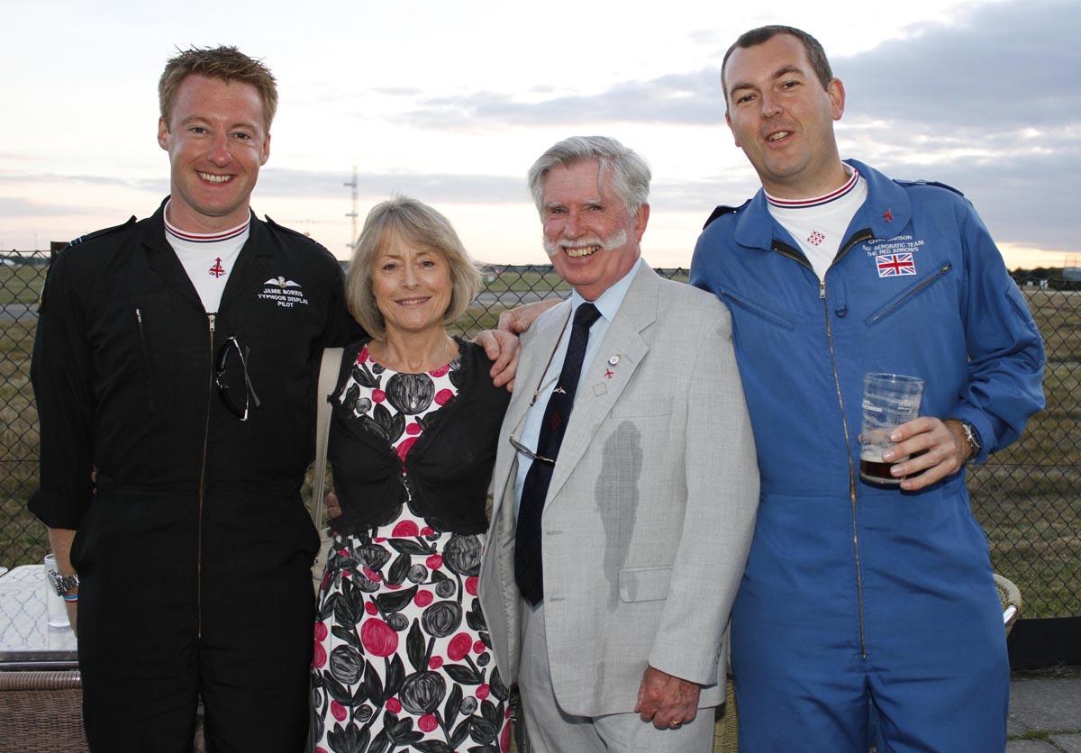 Bournemouth Red Arrows Association Barbecue at Bmth Flying Club . Jamie Norris, Typhoon Display Team pilot, Dawn Egging from the Jon Egging Trust, Terry Trevett, chairman of the Bournemouth Red Arrows Association, and Chris Davison, Red Arrows engineer