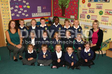 Reception children in Green Apples class at Kingsleigh Primary School  with Teacher Katie Hewitt, left, and TA Donna Garland