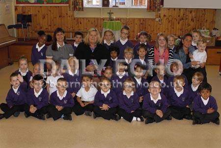 St Clement's and St John's Infant School.Starfish class with, l-r, class teacher Mrs Debbie Burns, Elsa TA Mrs Janet Adel and teaching 