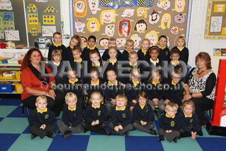 Reception Children at  Kinson Primary School with  Teacher Gabrielle Anthony, right, and TA Jenny lamb.