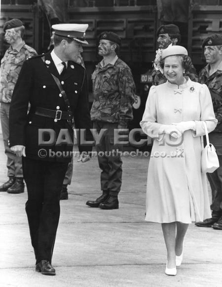 Queen Elizabeth II inspecting the Royal Marines during her 1984 visit to Hamworthy. photograph taken on the 27th June 1984.