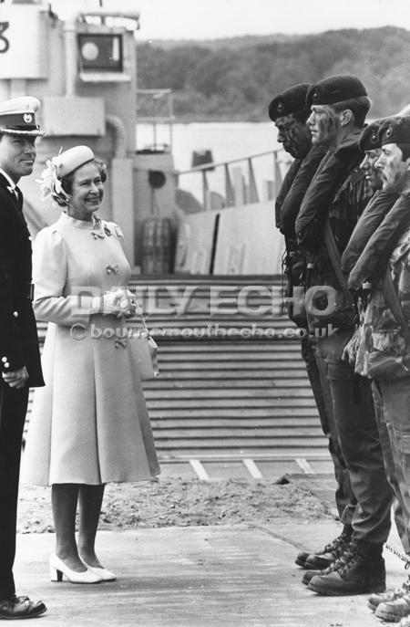Queen Elizabeth II inspecting the Royal Marines during her 1984 visit to Hamworthy. 