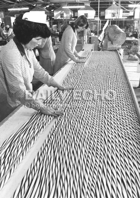Parrs confectionary factory, workers making rock in  February 1984. 