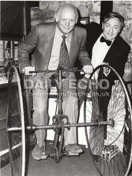 Lord Montagu of Beaulieu National Motor Museum officially opened Christchurch Tricycle Museum. He is seen here on a 1880 Humber tricycle with enthusiast, solicitor and former councillor Roger Street,  the brainchild behind the museum. April 1985