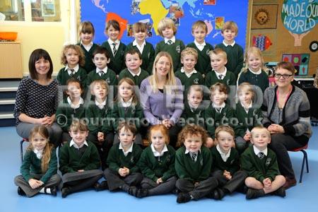 Reception children at St James' CF of E First School in  Gaunts Common with Teacher  Andi Wyatt, centre, and TA's  Susan Alcock , left, and  Jan Keen-Haudin
