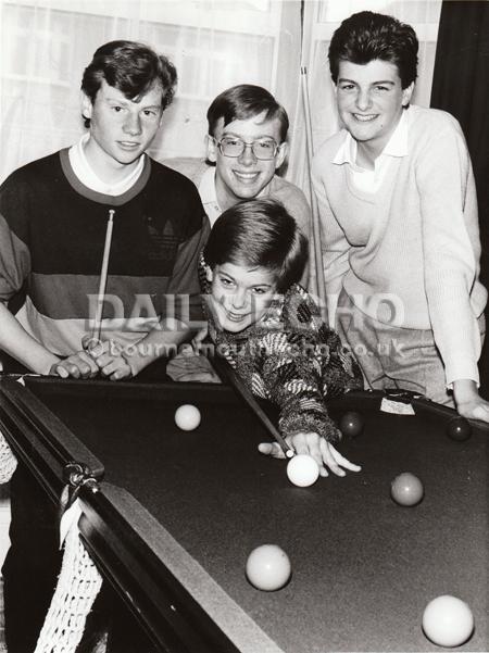 Winton Boys School pupils Steve Humphrey, Daniel Harris, Ian Clark and Marcus Woolley played a snooker marathon in aid of cancer research at Boscombe Hospital.
April 1986.