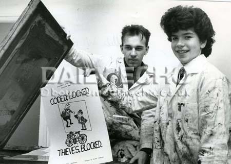 Ellita Webster (r)  aged 13 designed an anti-cycle theft campaign poster seen here with screen printer David Hitch. Taken by Richard Crease 9/3/87.
